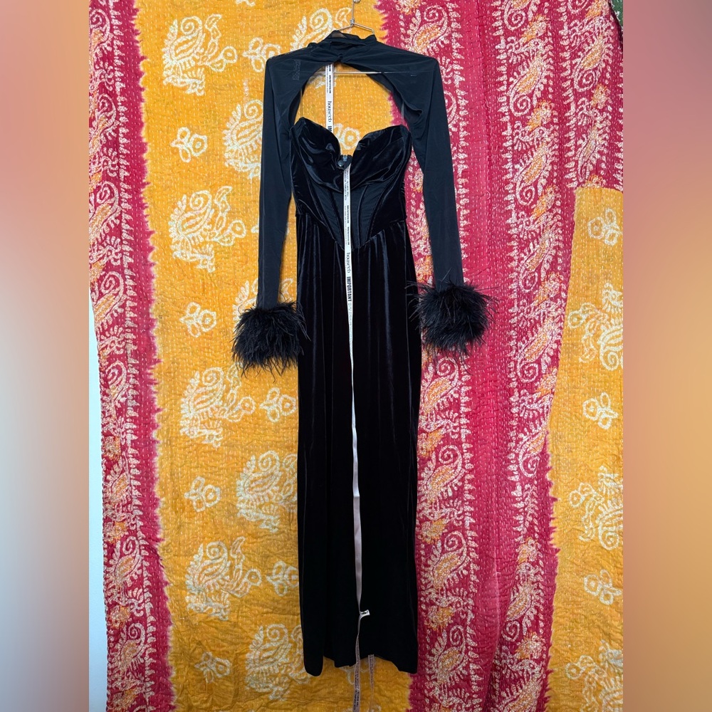 House of CB Black Velvet Dress with Feather Details